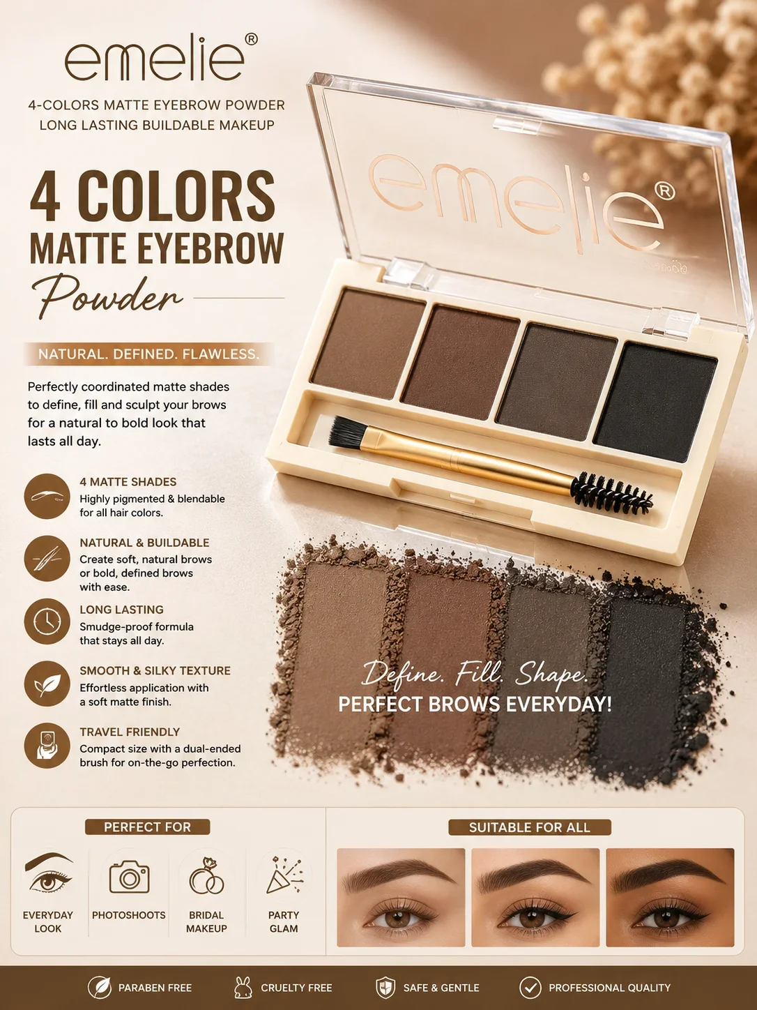 Emelie 4 Colors Matte Eyebrow Powder Palette
