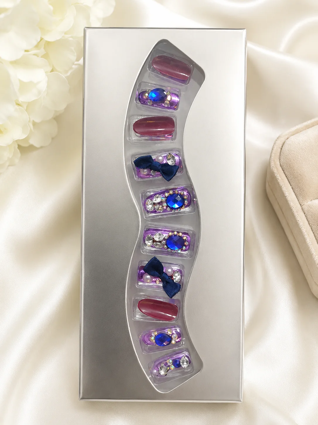 Luxury Purple Press-On Nails with Crystal & Bow Design | Reusable False Nail Set