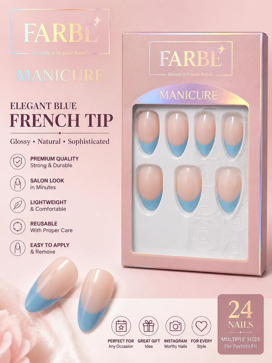 Luxury Red French Tip Press-On Nails – Glossy Nude Artificial Nail Set