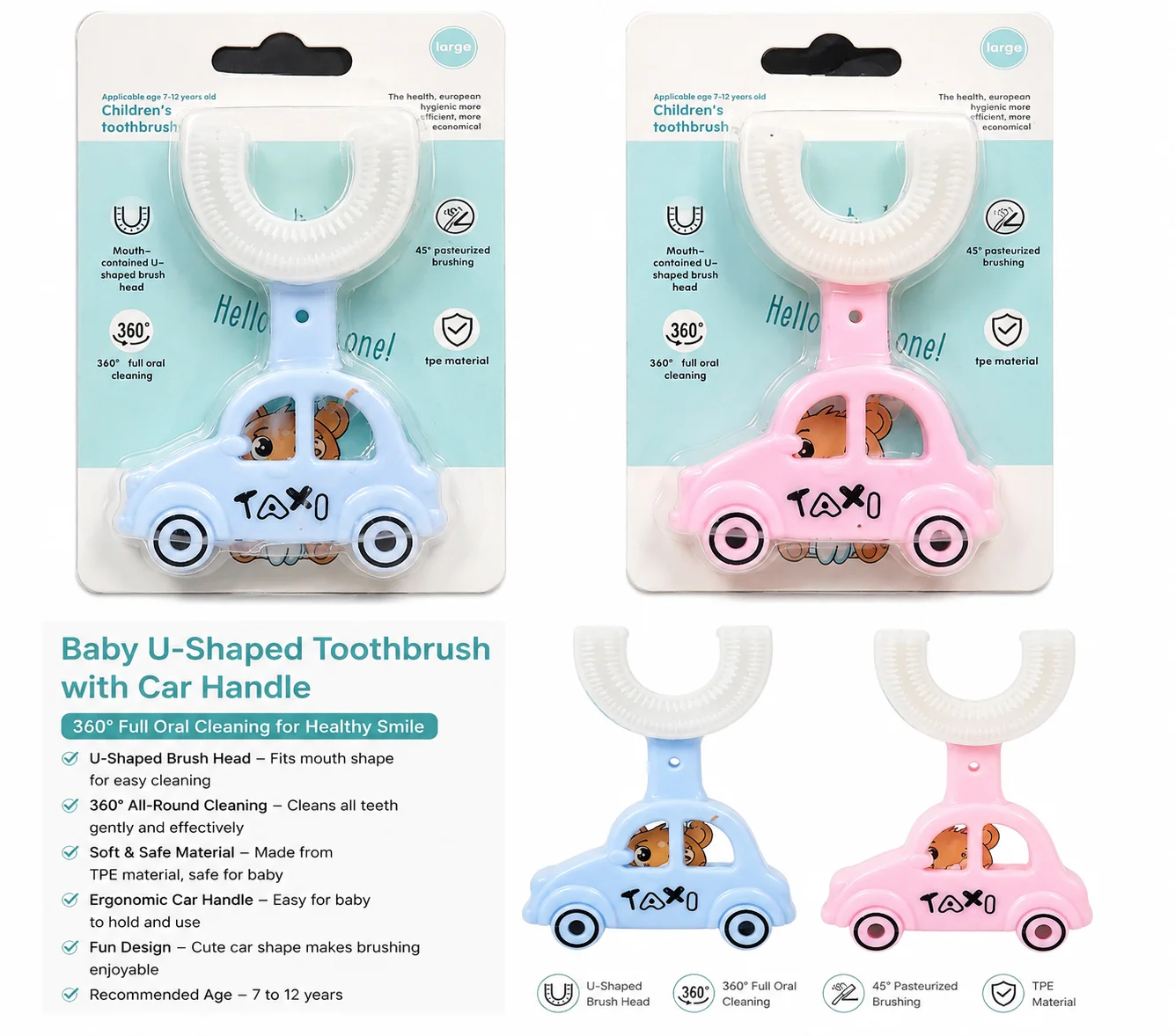Kids U-Shaped Silicone Toothbrush with Car Handle | 360° Baby Training Toothbrush