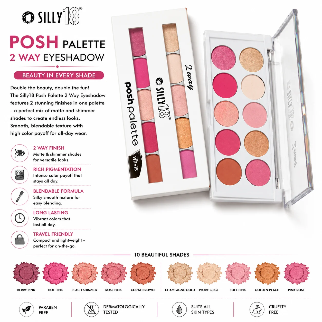 Silly18 Posh Palette 2 Way Eyeshadow – 10 Color Makeup Palette