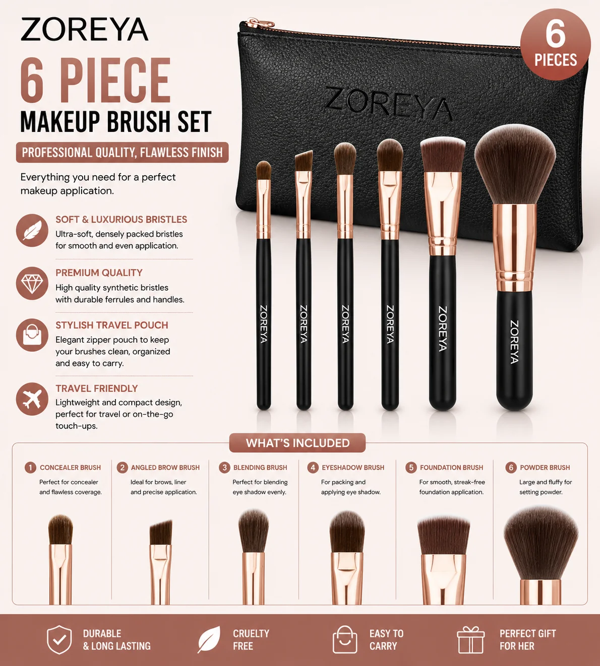 ZOREYA Professional Makeup Brush Set with Travel Pouch – Soft Face & Eye Brushes | 6 Pieces