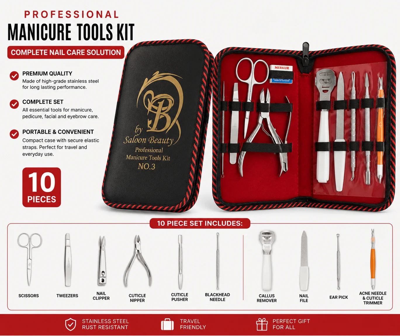Professional Manicure Tools Kit – Stainless Steel Nail Care Set with Travel Case | 10 Pieces