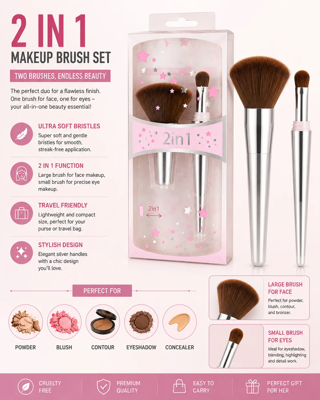 2 in 1 Makeup Brush Set – Multi-Function Face & Eye Cosmetic Brush Kit