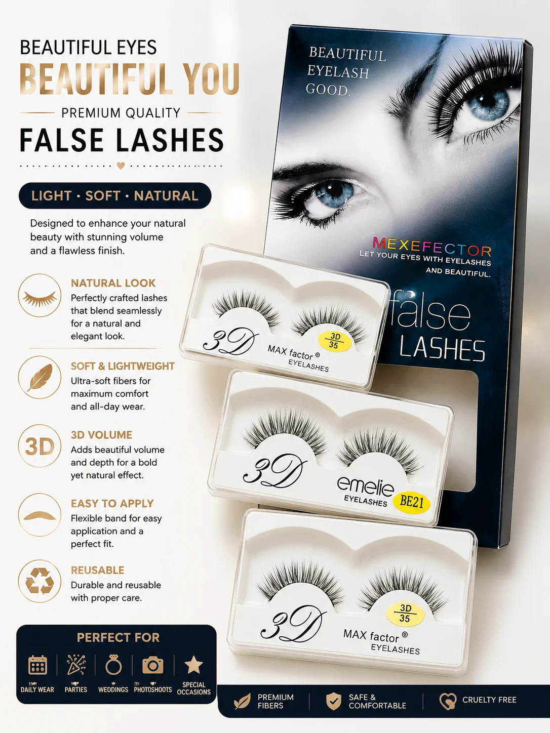Premium 3D False Lashes – Soft Natural Lightweight Eyelashes