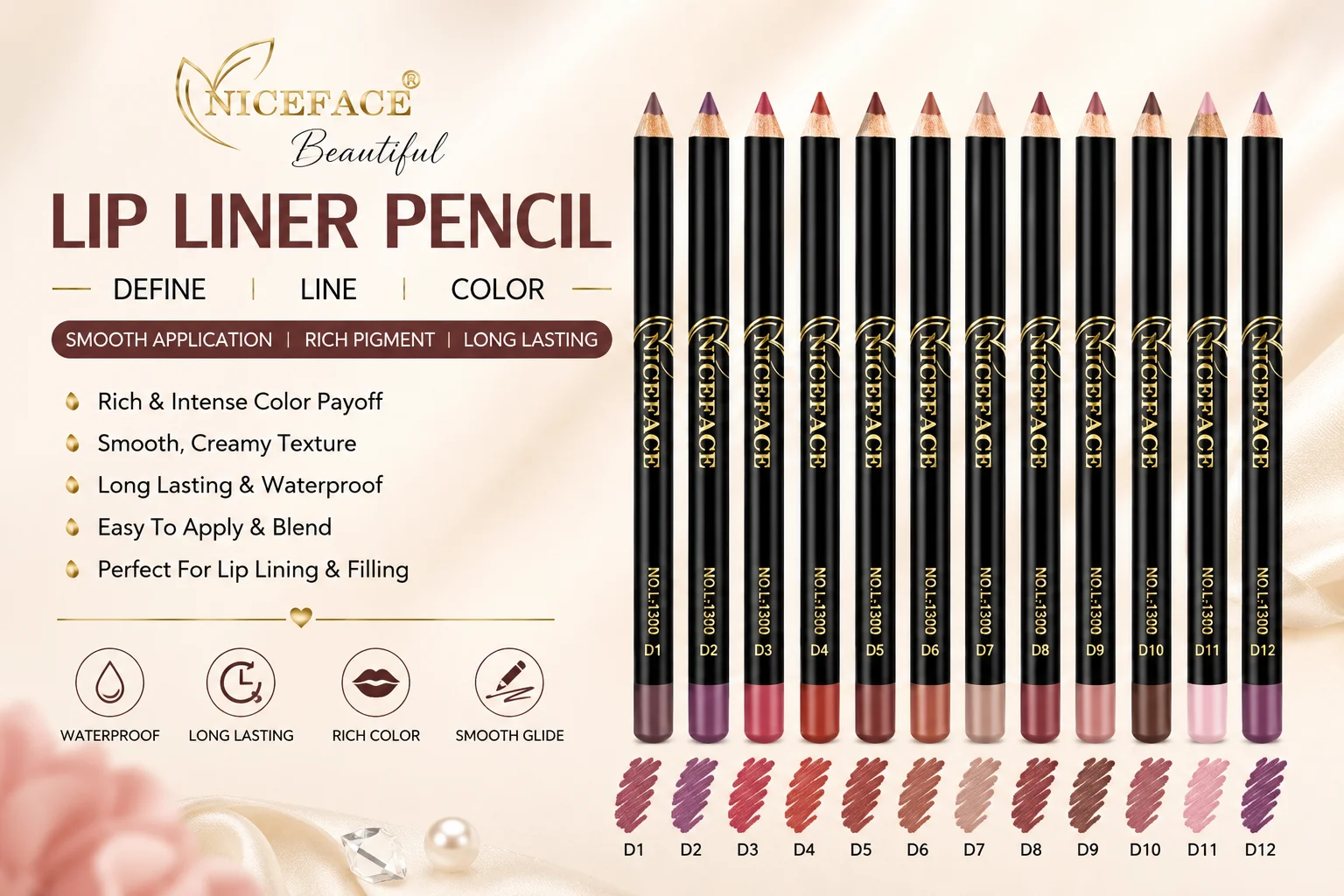 NiceFace 12 Colors Waterproof Lip Liner Pencil Set