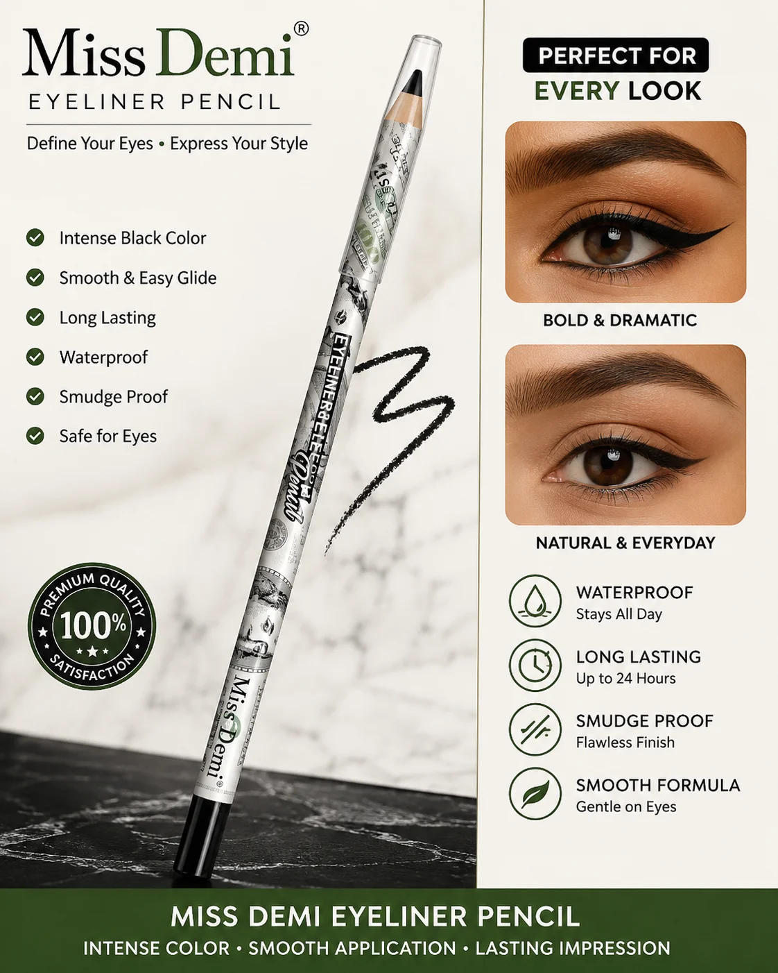 Miss Demi Waterproof Eyeliner Pencil – Long Lasting Smooth Eye Definer