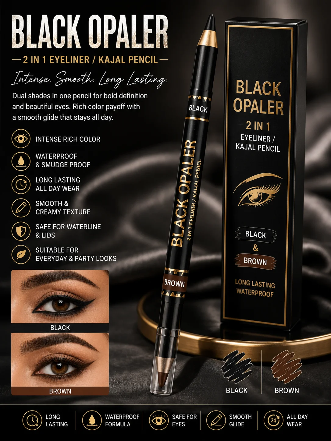 Black Opaler 2-in-1 Eyeliner & Kajal Pencil – Black & Brown | Long-Lasting Waterproof