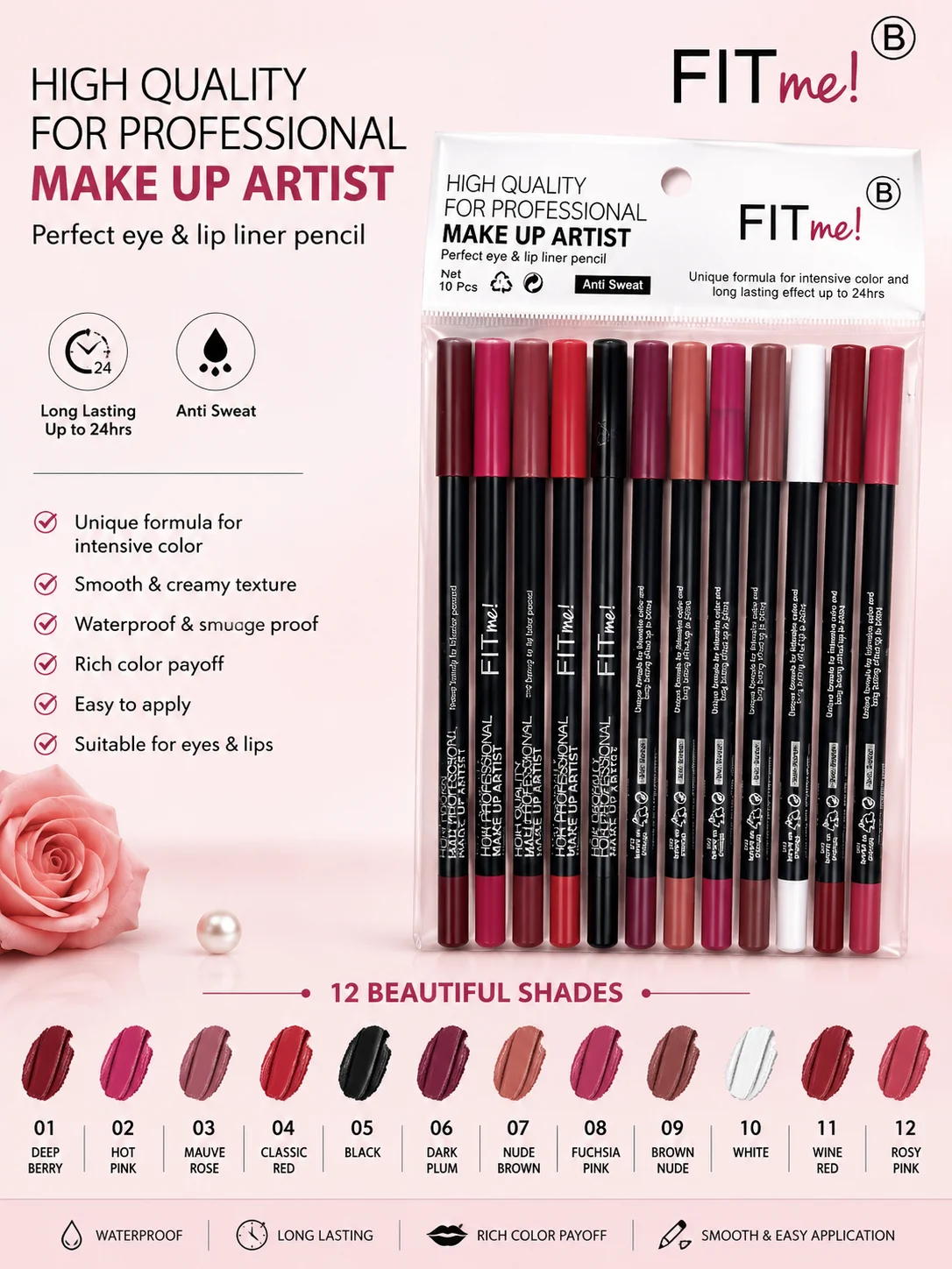 FITme Professional Eye & Lip Liner Pencil Set – 12 Waterproof Long-Lasting Matte Shades