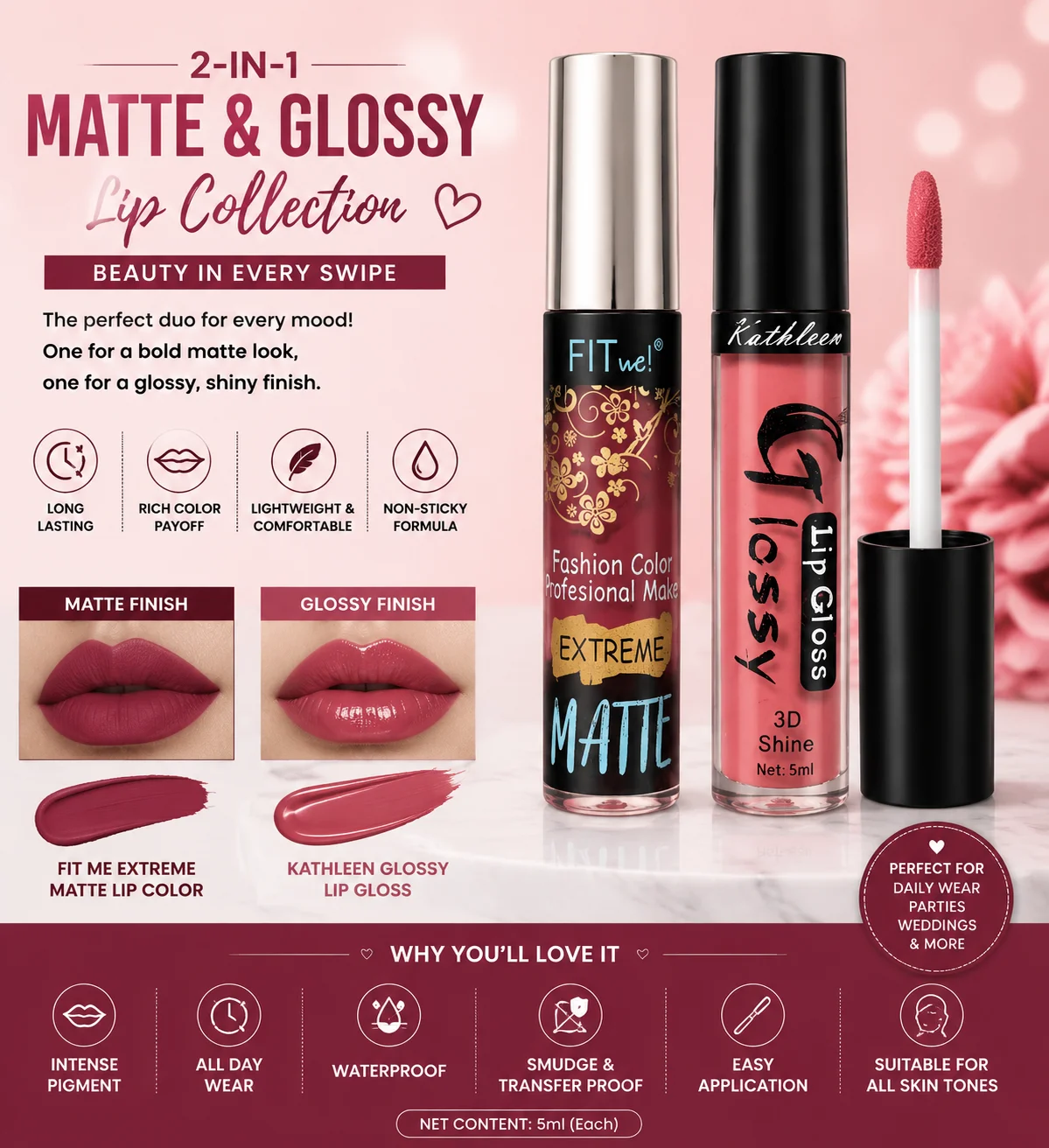 2-in-1 Matte Lip Collection – Fit Me Extreme Matte & Kathleen Glossy Lip Gloss Combo