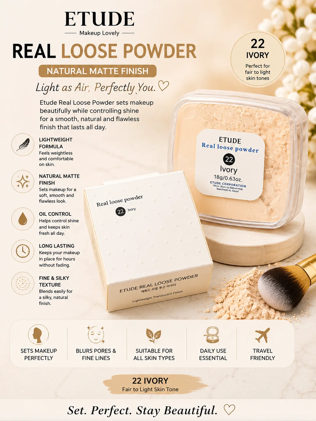 ETUDE Real Loose Powder – 22 Ivory