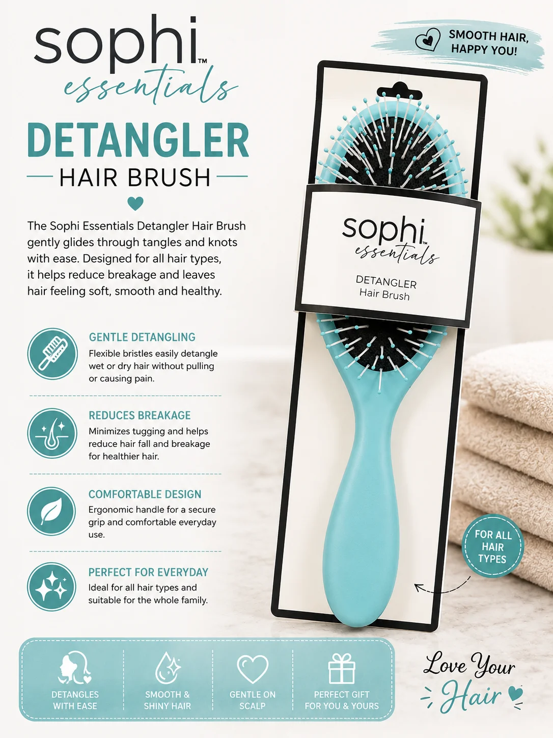 Sophi Essentials Detangler Hair Brush 846879 – Gentle Knot-Free Styling Brush