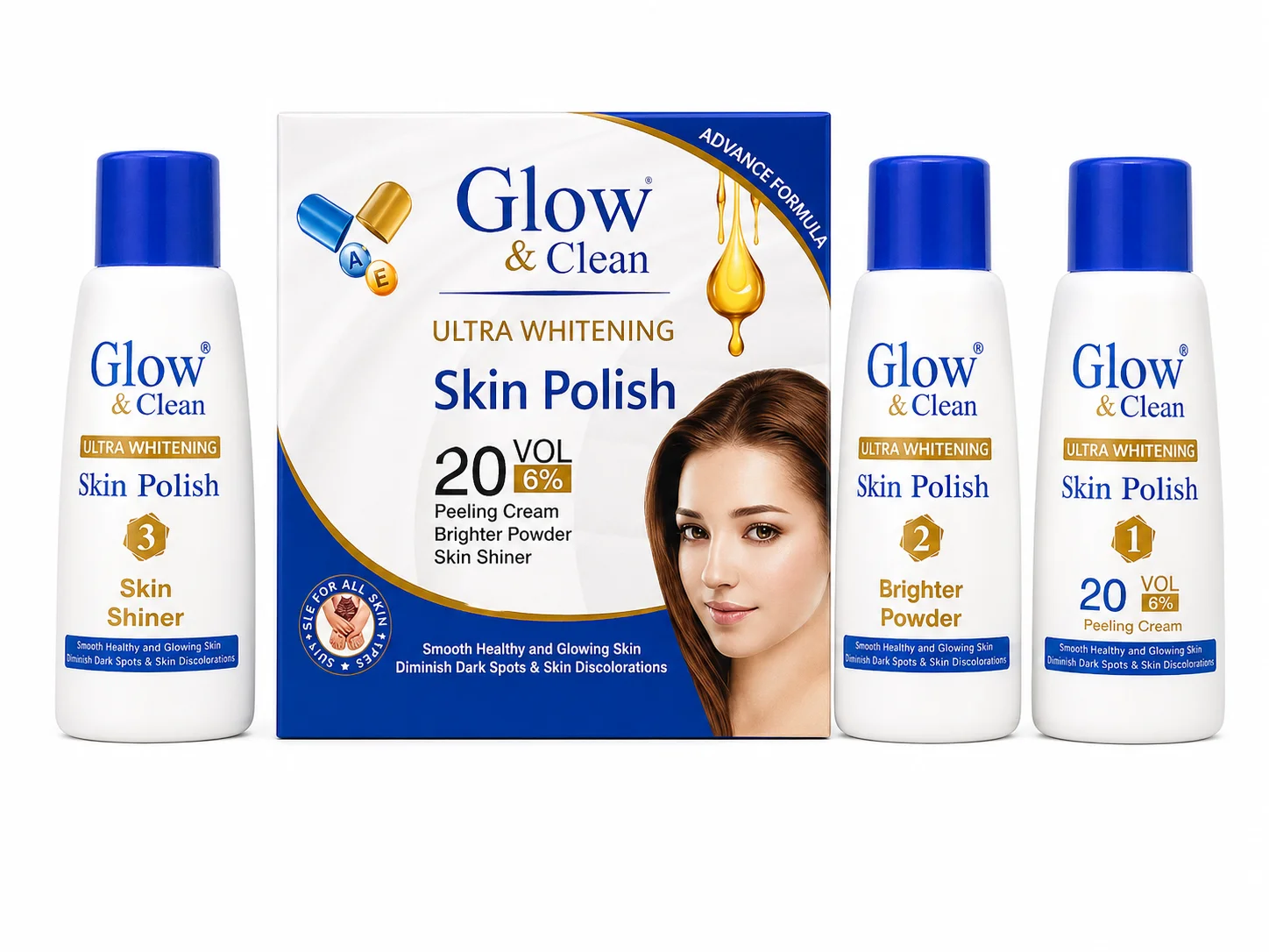 Glow & Clean Ultra Whitening Skin Polish Kit – 3 Step Facial System (20 Vol 6%)