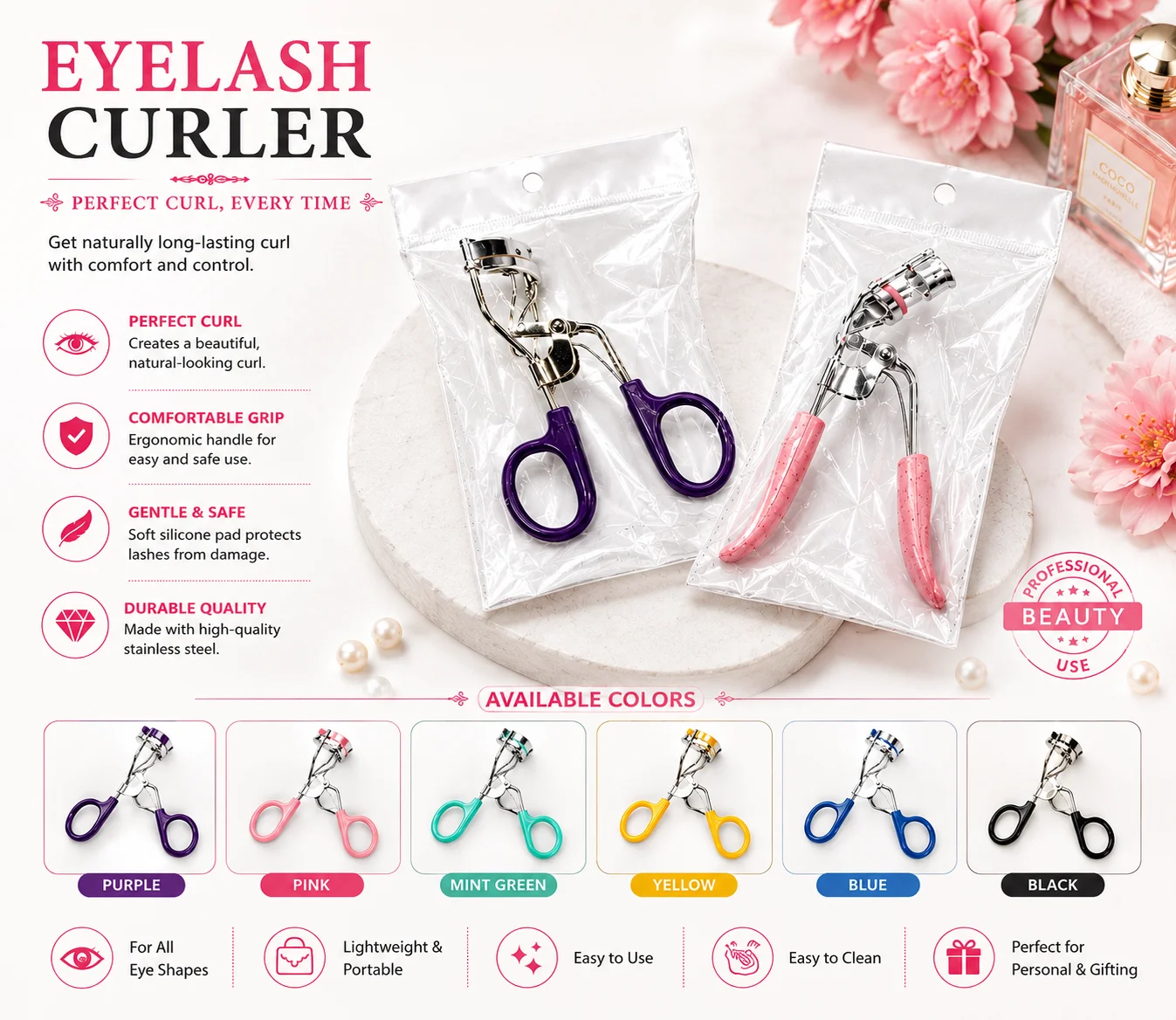 Professional Eyelash Curler – Soft Grip Beauty Tool | Multi Color Collection