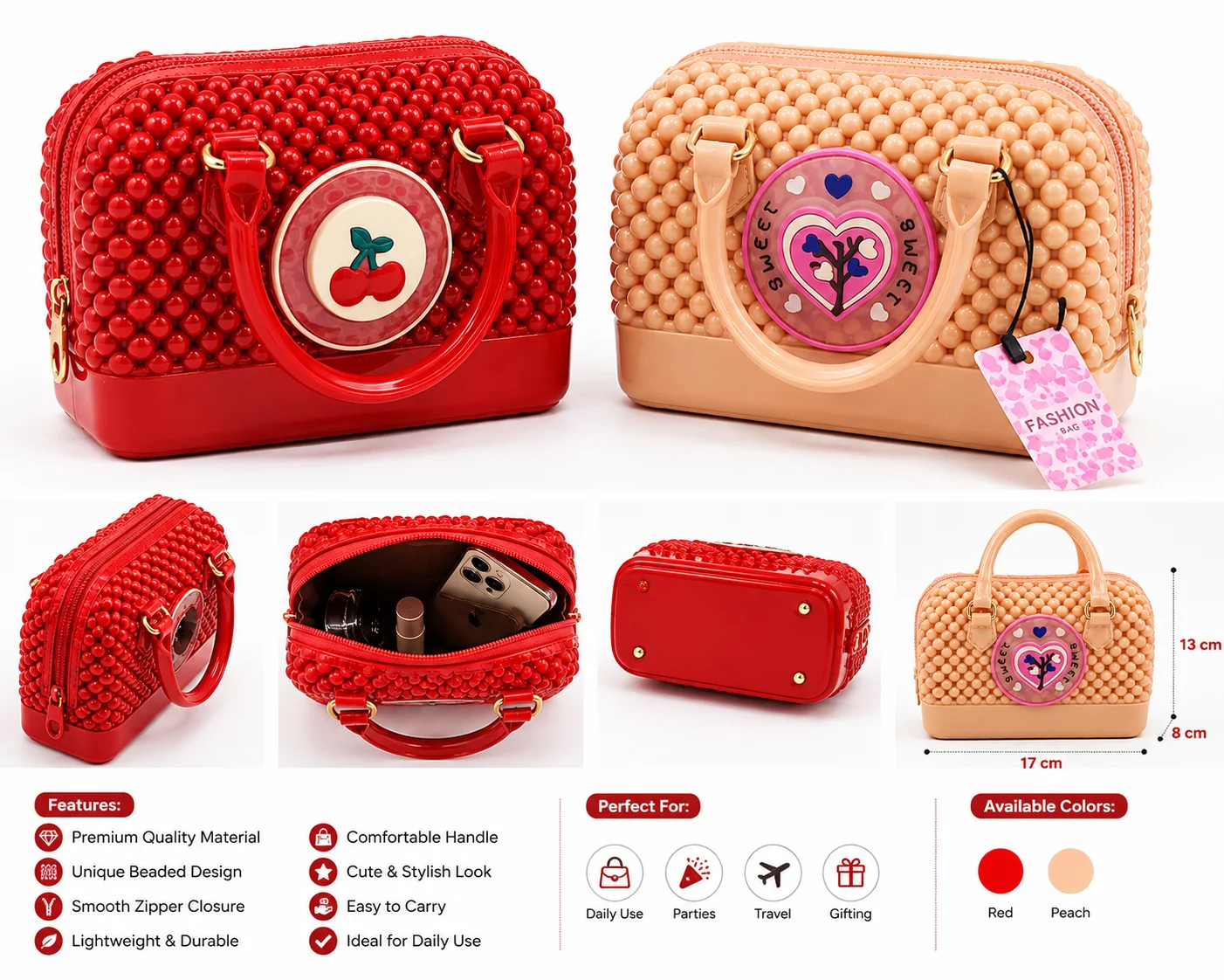 Cute Beaded Mini Handbag for Girls | Kids Pearl Style Shoulder Bag | Red & Peach