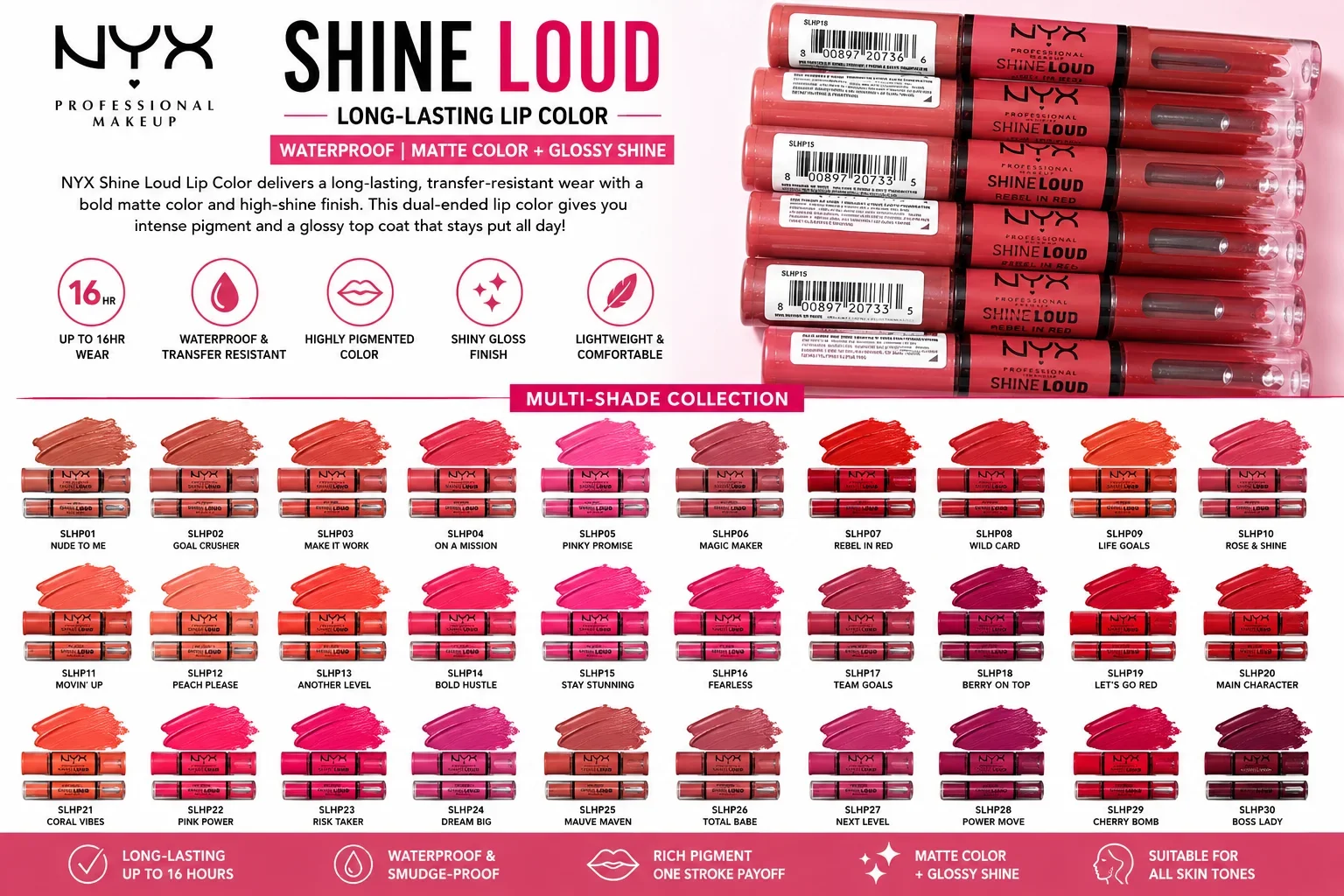 NYX Shine Loud Long-Lasting Lip Color Set – Waterproof Matte & Glossy Finish