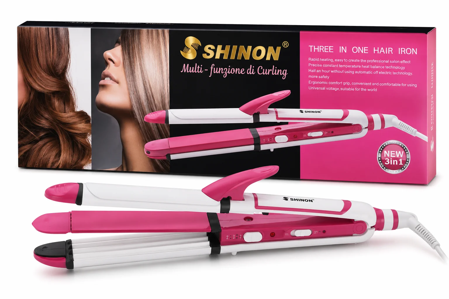 Shinon 3-in-1 Hair Iron – Professional Hair Curler, Straightener & Crimper