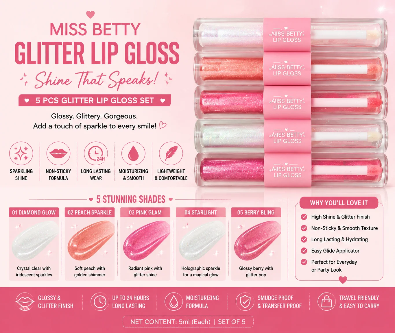 Miss Betty Glitter Lip Gloss Set – 5 Piece Shimmer & Sparkle Lip Gloss Collection