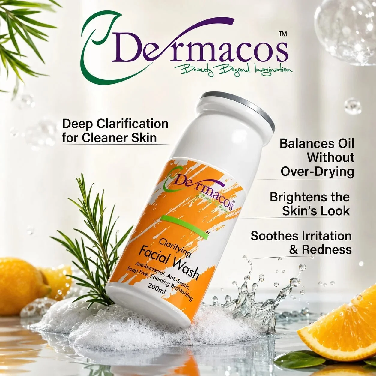 Dermacos Dermapure Clarifying Facial Wash - Soap-Free Anti-Bacterial Cleanser