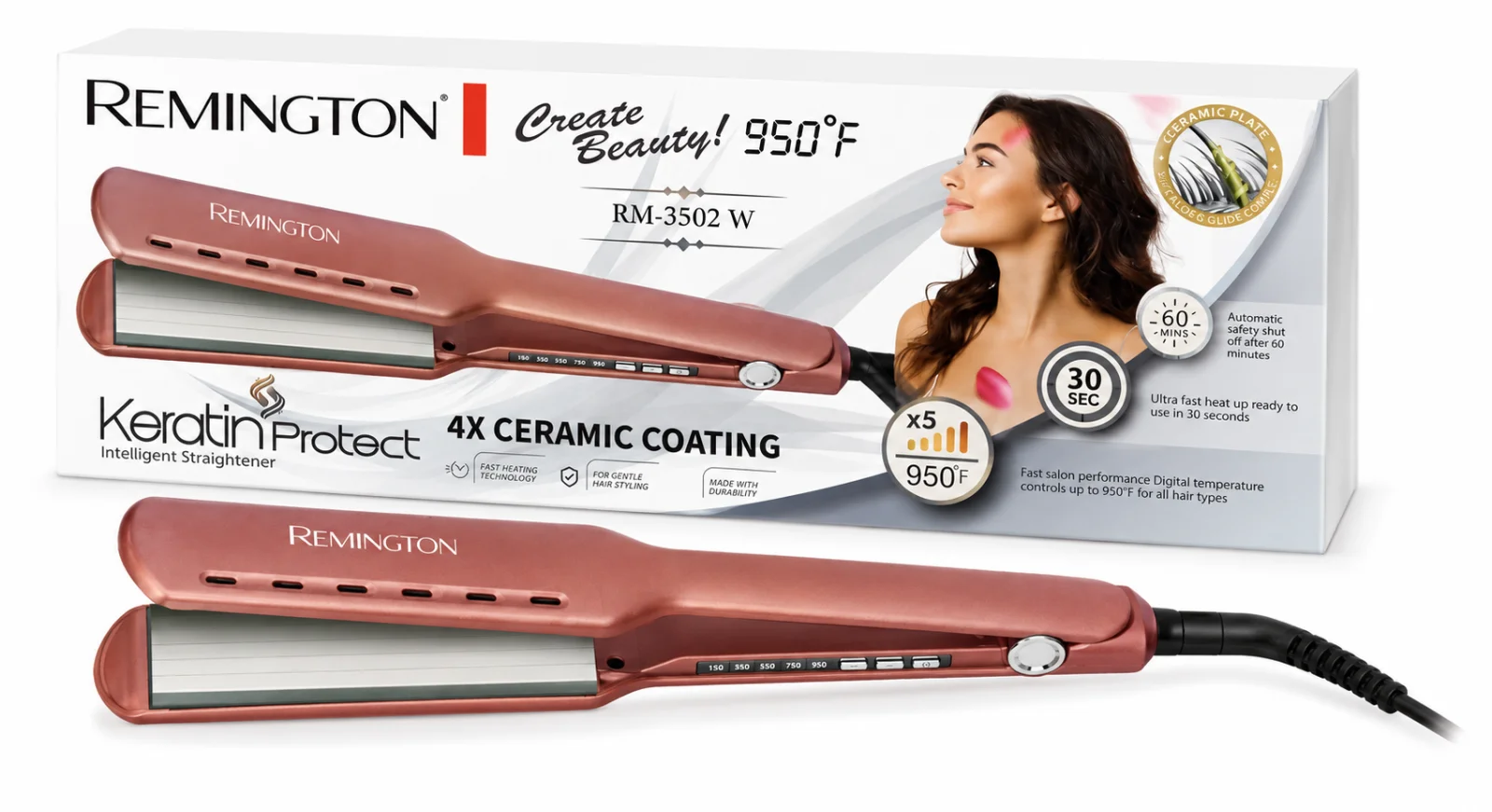 Remington Keratin Protect Hair Straightener RM-3502W – 950°F Professional Ceramic Flat Iron