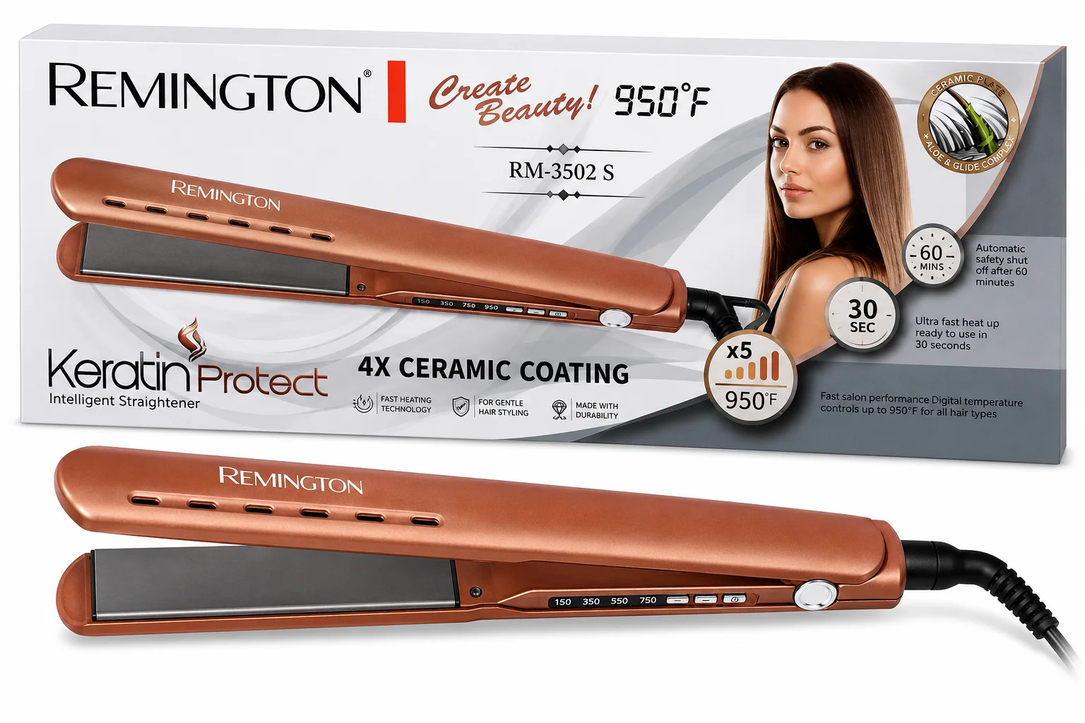 Remington Keratin Protect Hair Straightener RM-3502S – 950°F Professional Ceramic Hair Iron