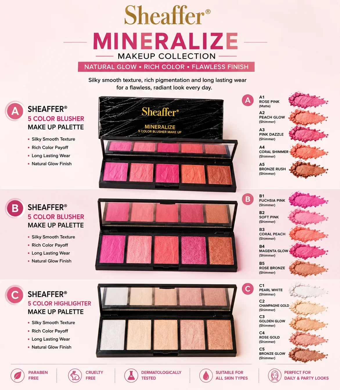 Sheaffer Mineralize Makeup Palette Collection – 5 Color Blusher & Highlighter Kit