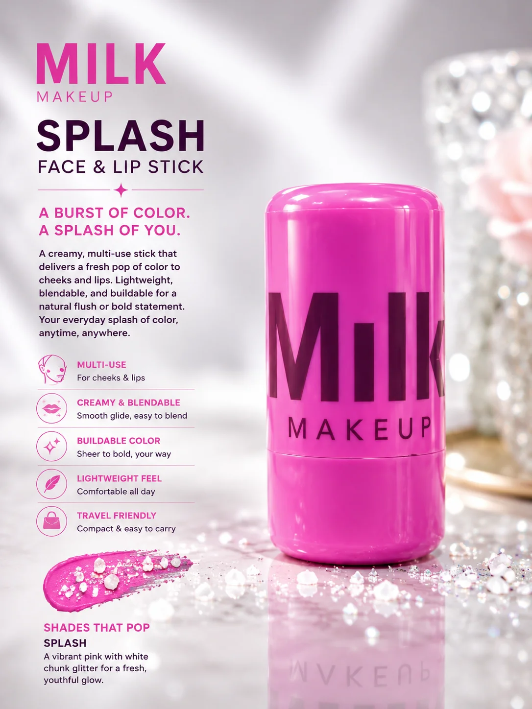 MILK Makeup Splash Face & Lip Stick – White Chunk Glitter Pink Shade