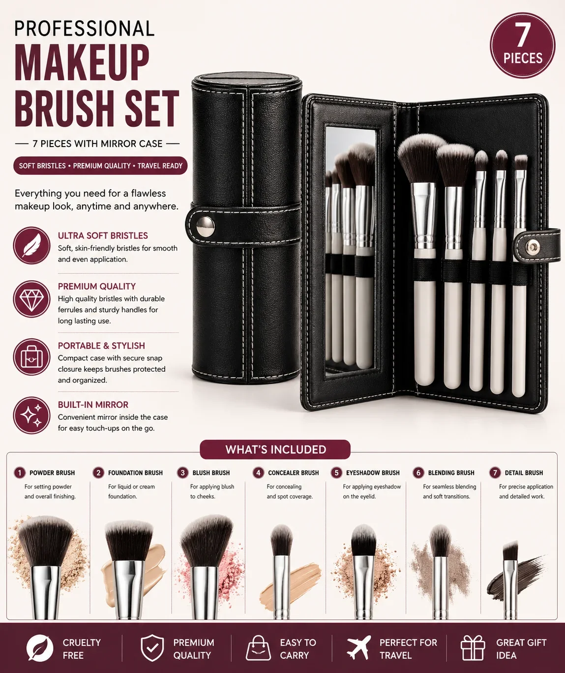 Professional Makeup Brush Set with Mirror Case – Soft Face & Eye Cosmetic Brushes | 7 Pieces