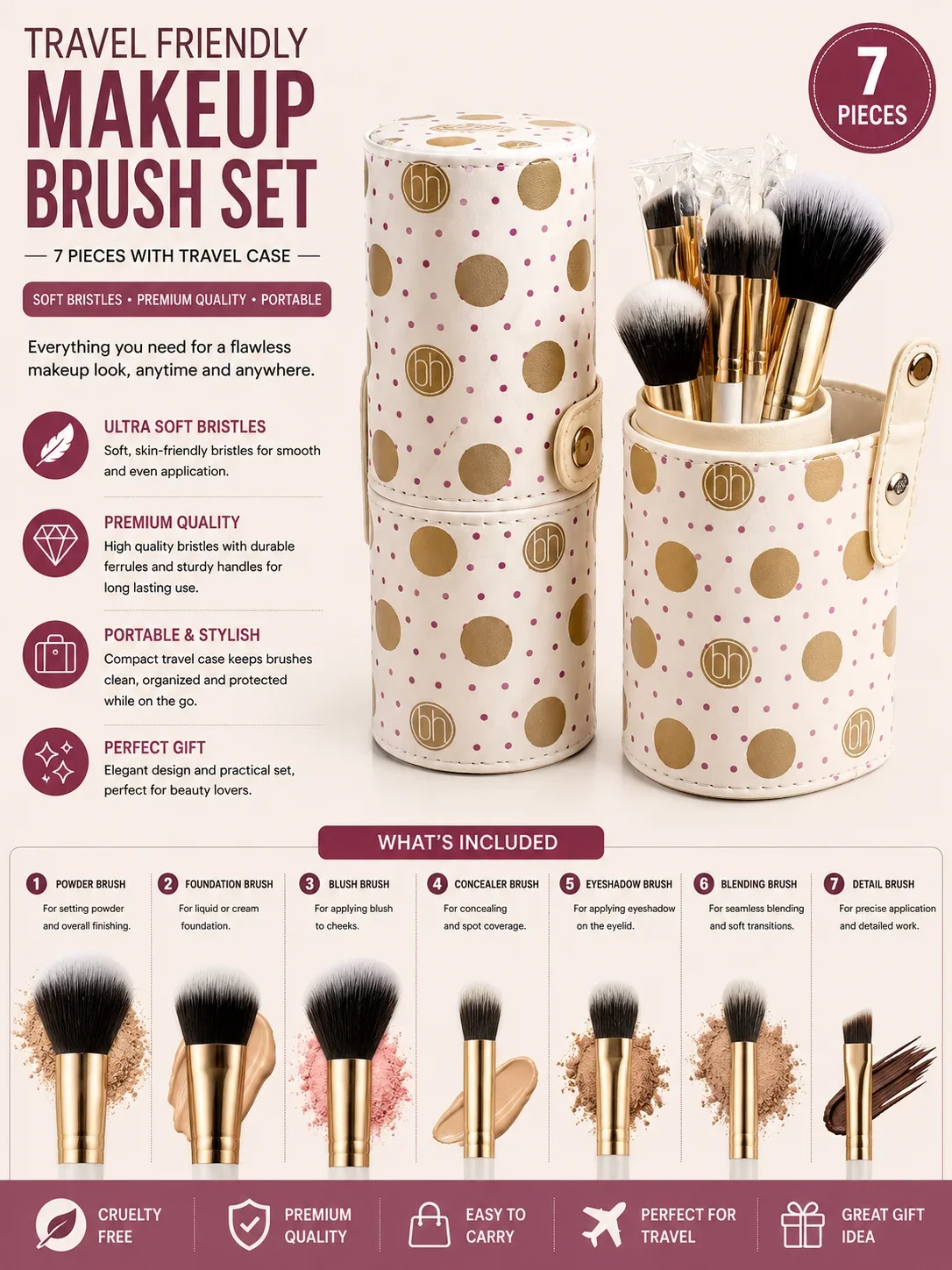 BH Travel Makeup Brush Set – 7 Pieces Portable Cosmetic Brush Holder