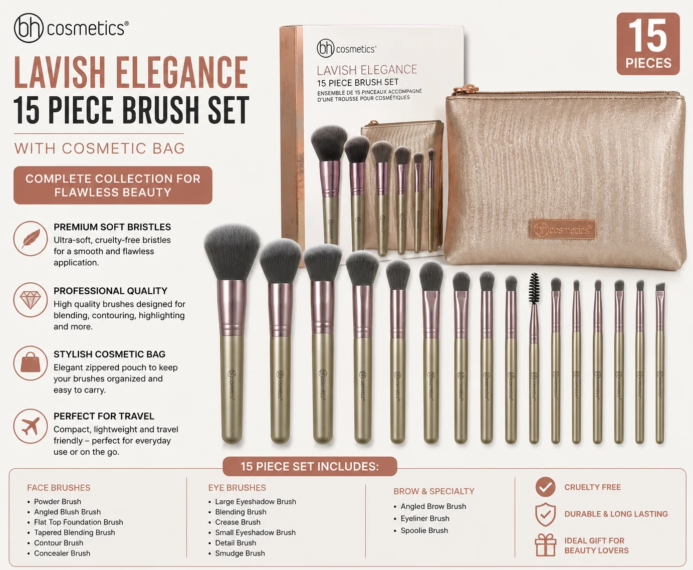 BH Cosmetics Lavish Elegance Makeup Brush Set with Cosmetic Bag 15 Pieces