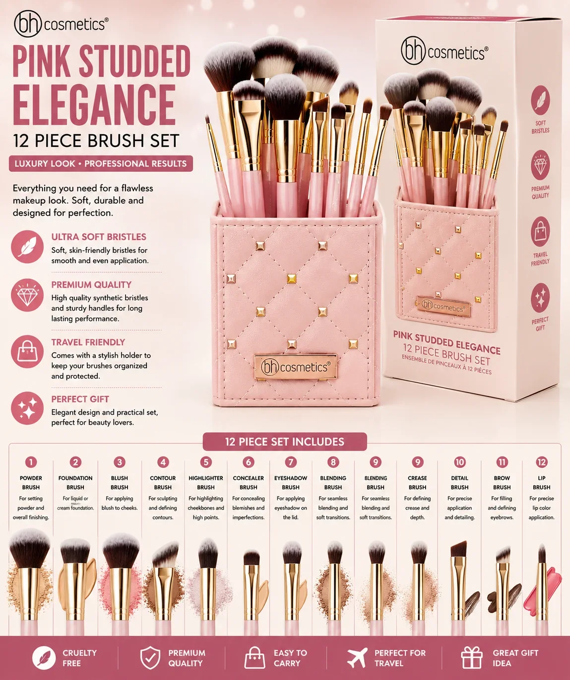 BH Cosmetics Pink Studded Elegance Makeup Brush Set – 12 Pieces