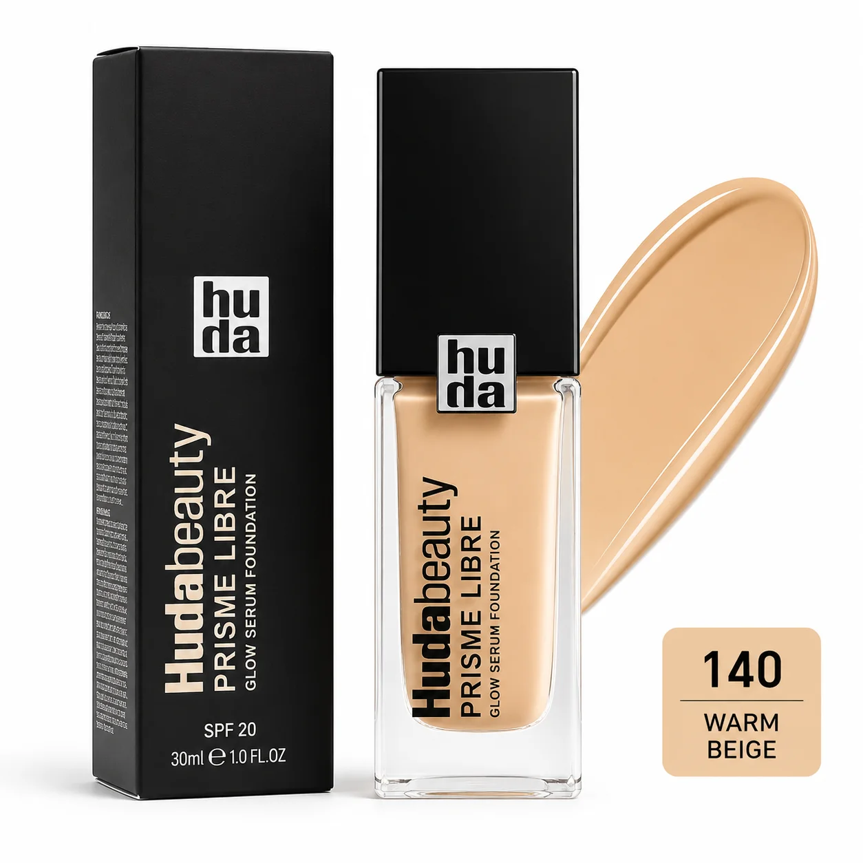Huda Beauty 140 Prisme Libre Glow Serum Foundation – Shade 140 Warm Beige