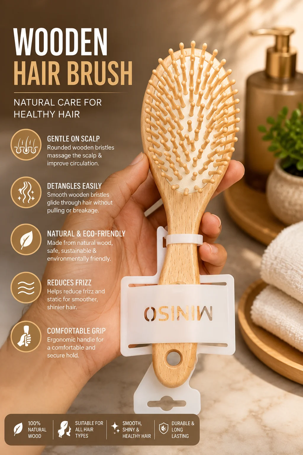 Premium Wooden Hair Brush – Natural Scalp Massage & Anti-Frizz Brush