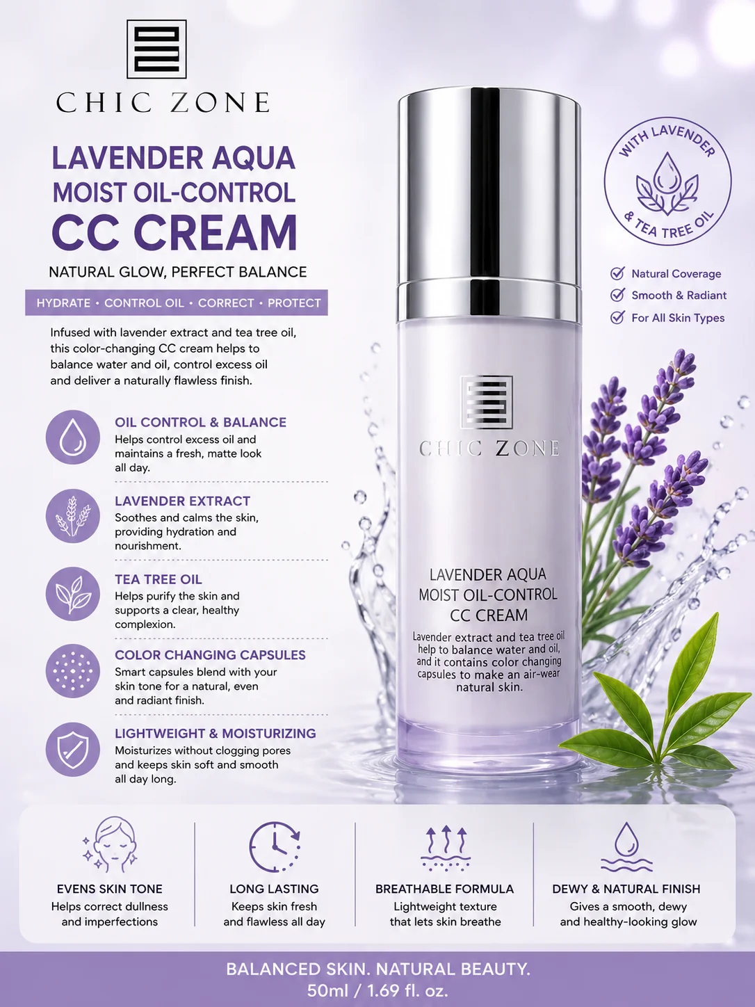 Chic Zone Lavender Aqua Moist Oil-Control CC Cream