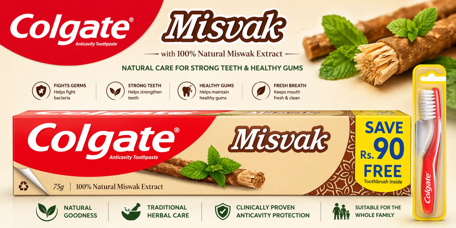 Colgate Misvak Toothpaste (75g) – Natural Miswak Extract with Free Toothbrush Offer