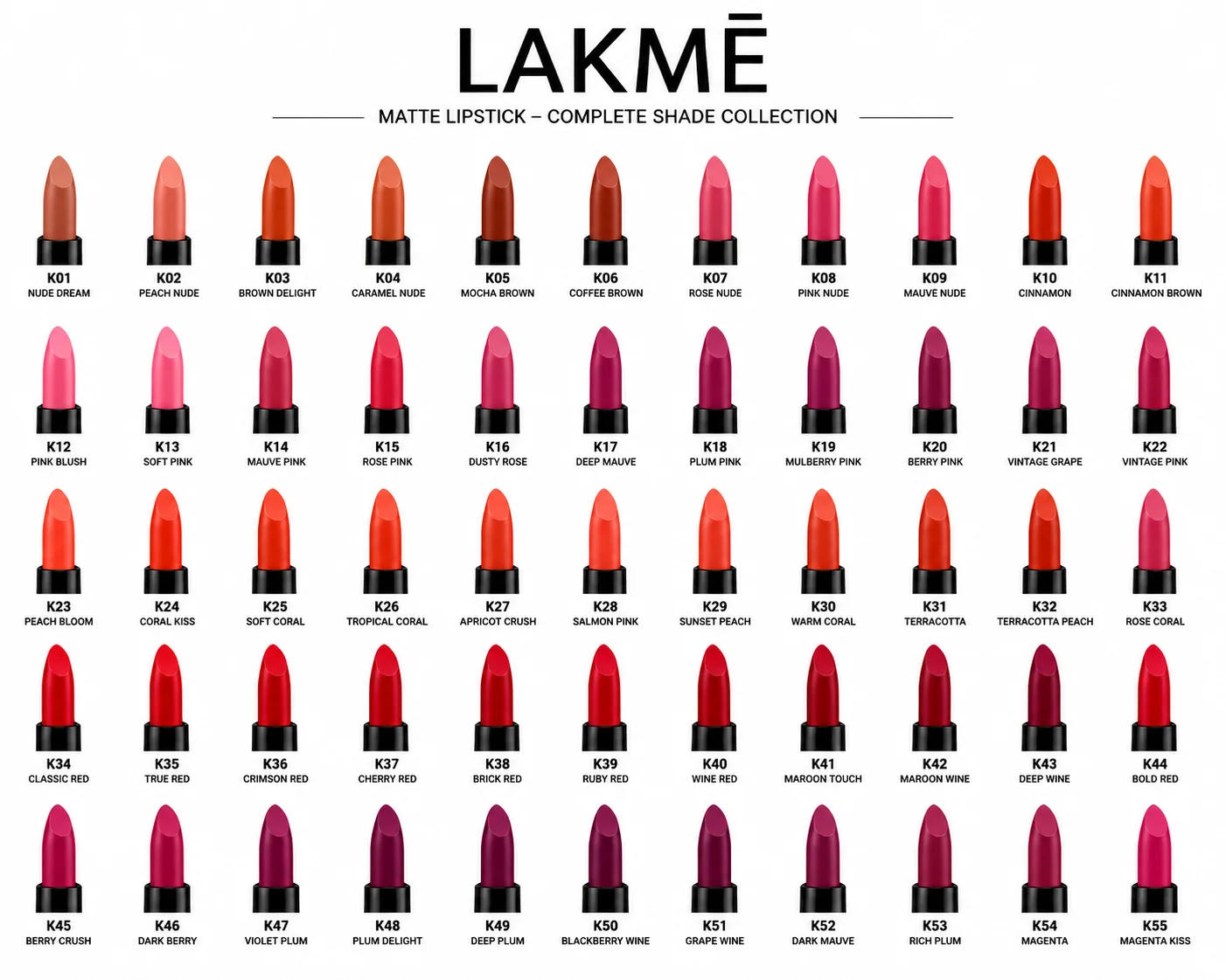 Lakmé Matte Lipstick Complete Shade Collection | 55 Stunning Shades for Every Occasion