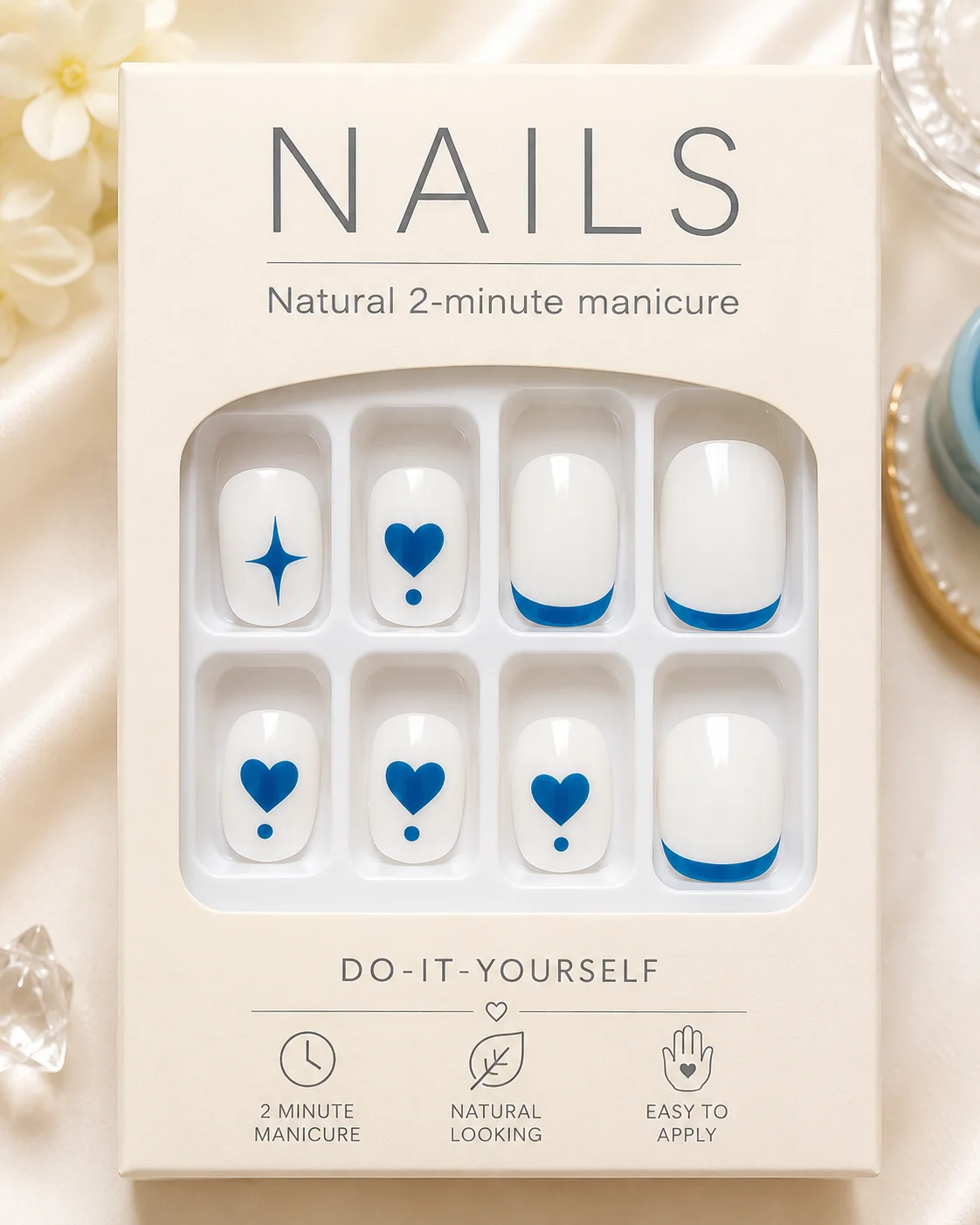 White & Blue Heart Design Press-On Toe Nails | Reusable Foot Nail Tips for Women