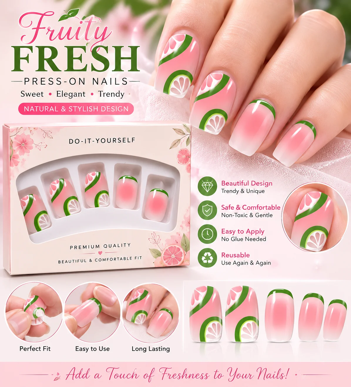 Pink Citrus Press-On Hand Nails | Reusable Artificial False Nails | Glossy Nail Tips