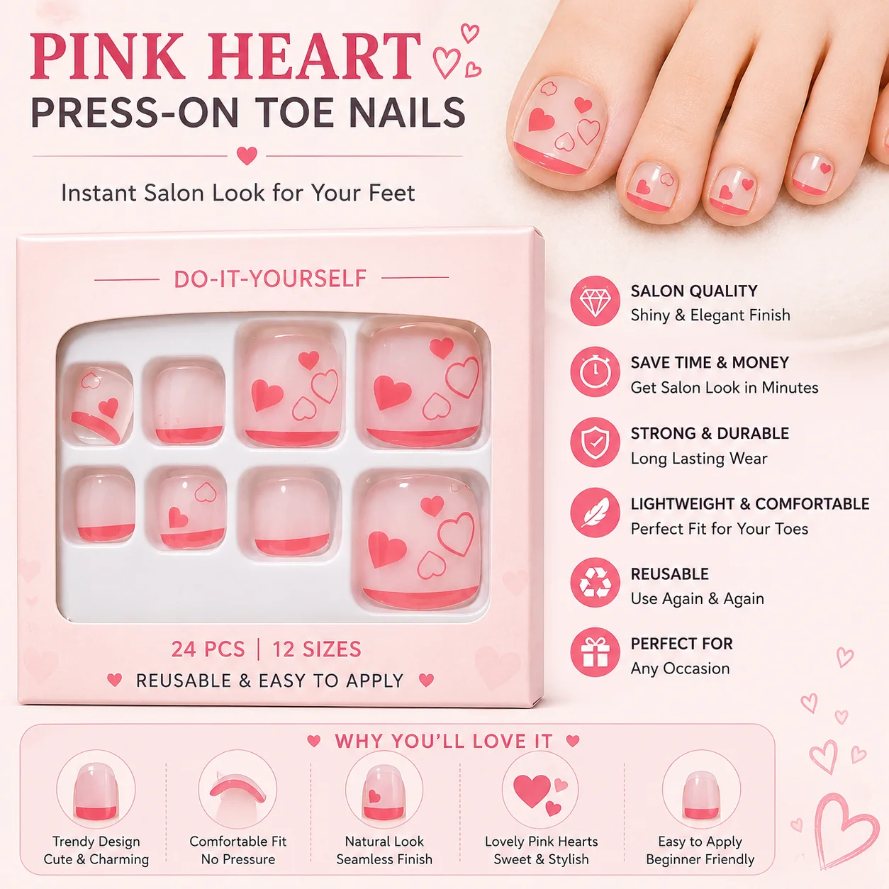 Heart Love Press-On Toe Nails – Reusable False Toenails | Cute Pink Heart Design