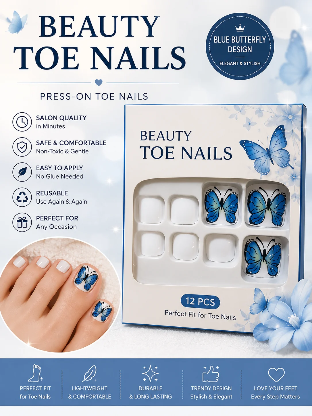 3 Designs Press-On Toe Nails Set | Reusable Artificial Foot Nails | Easy DIY Pedicure