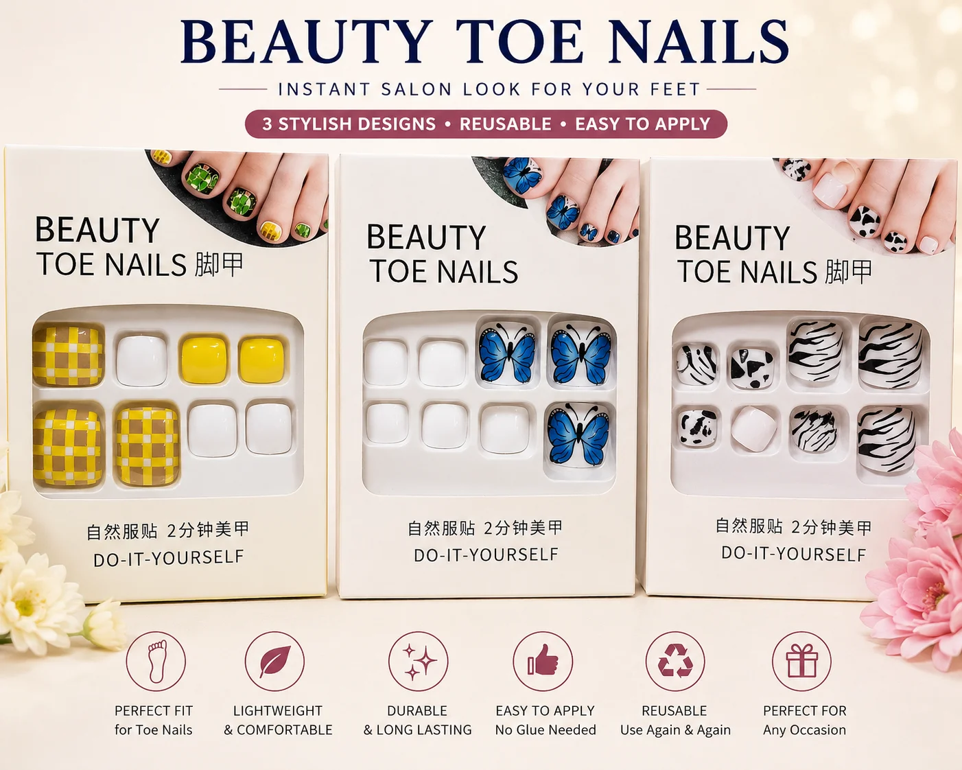 3 Designs Press-On Toe Nails Set | Reusable Artificial Foot Nails | Easy DIY Pedicure