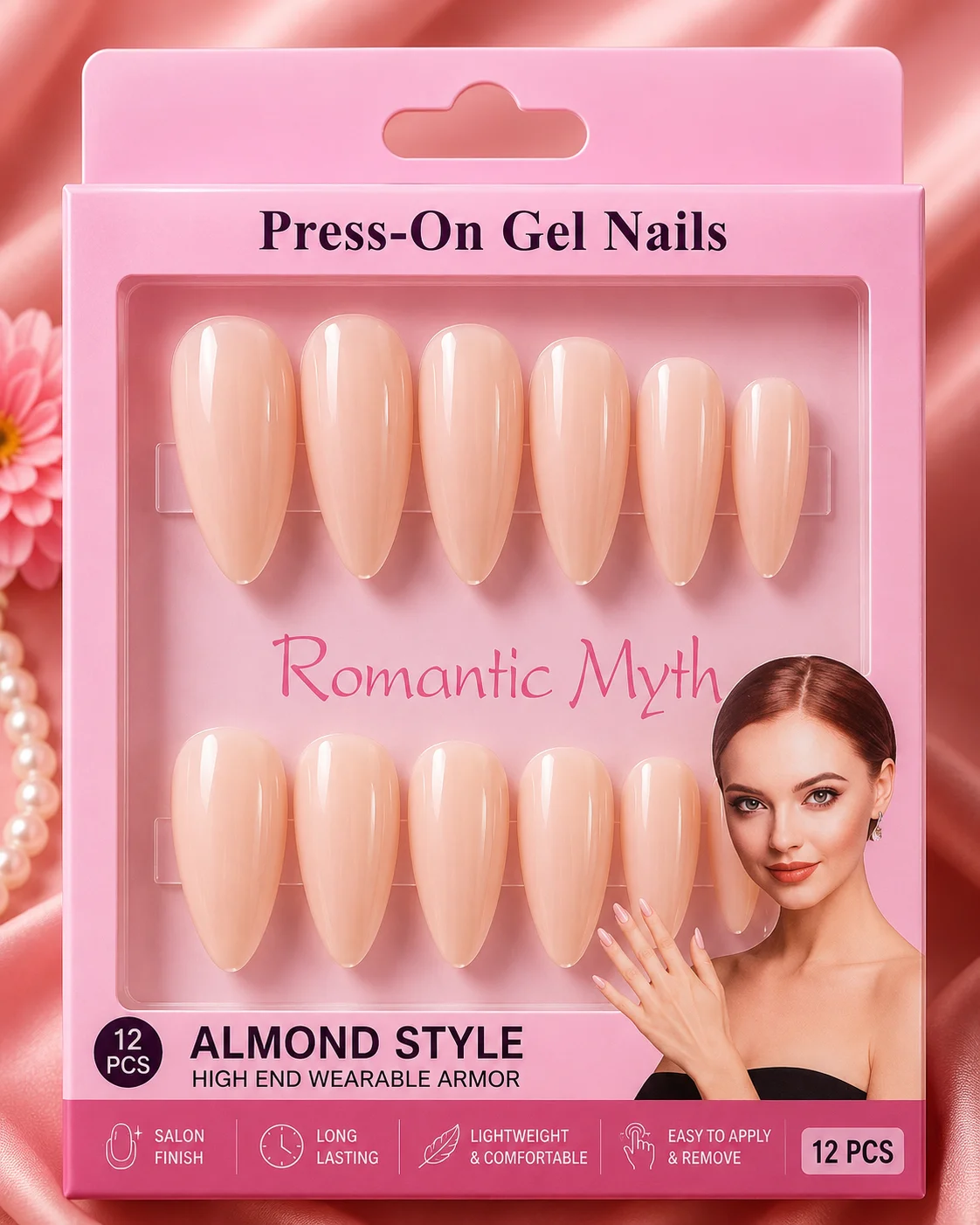Almond Style Press-On Gel Nails Set – Glossy Reusable Fake Nails