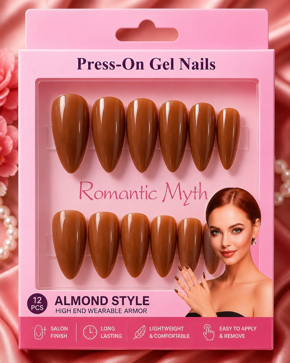 Almond Style Press-On Gel Nails Set – Glossy Reusable Fake Nails