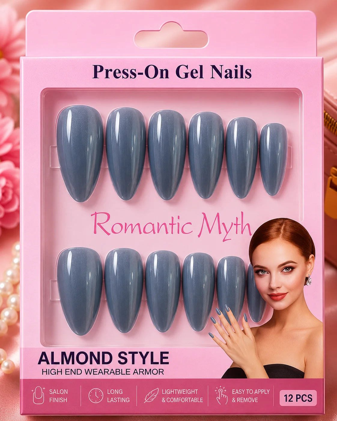 Almond Style Press-On Gel Nails Set – Glossy Reusable Fake Nails