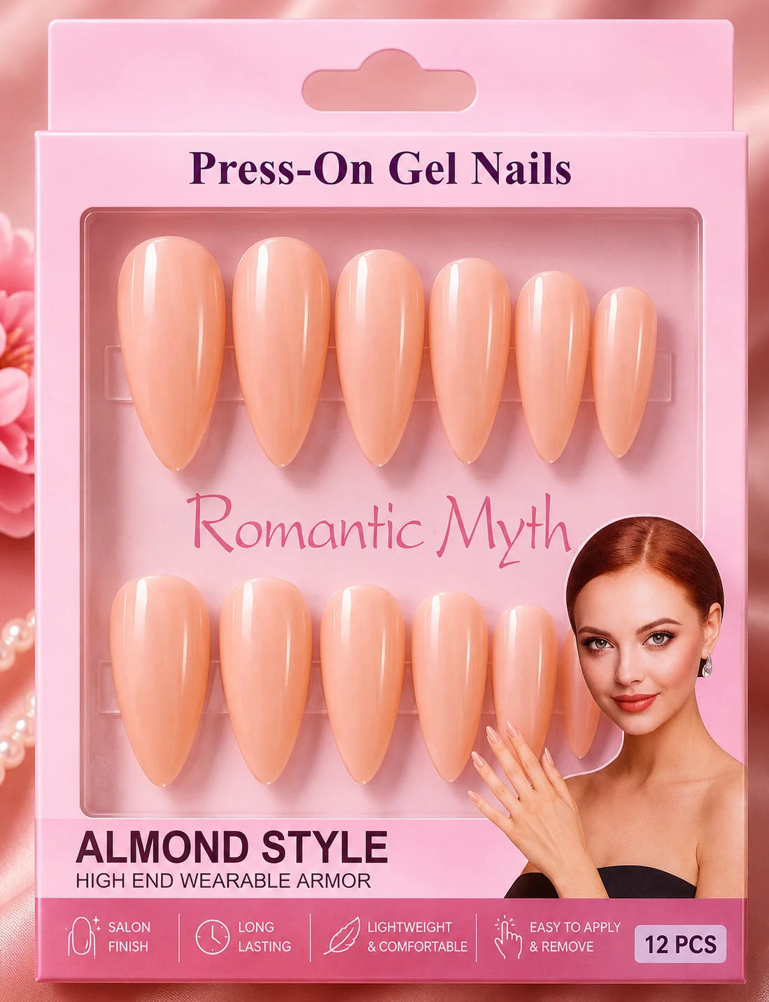 Almond Style Press-On Gel Nails Set – Glossy Reusable Fake Nails