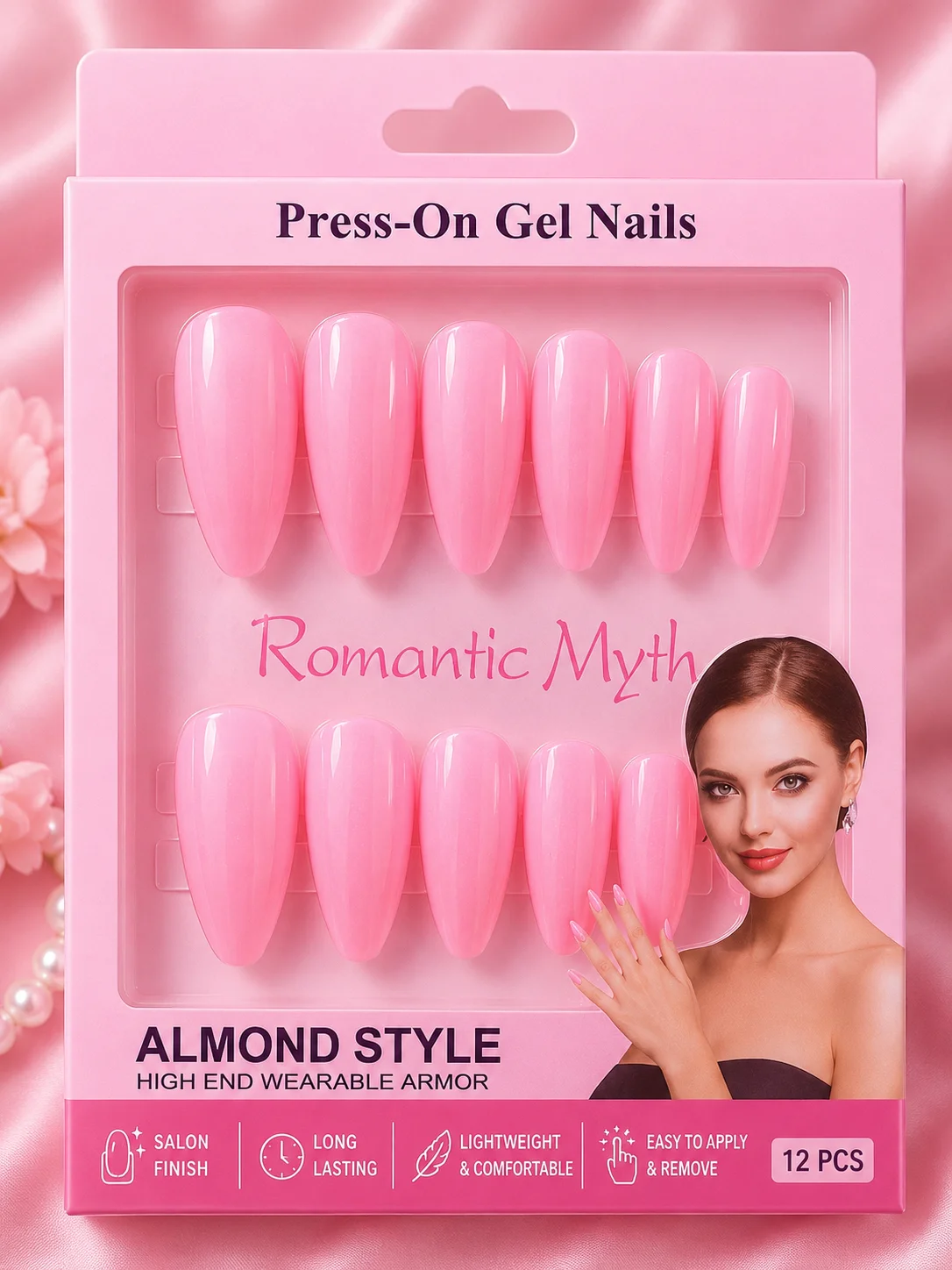 Almond Style Press-On Gel Nails Set – Glossy Reusable Fake Nails