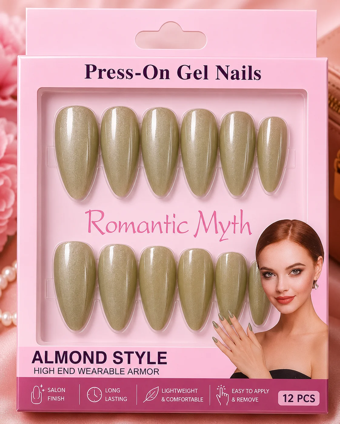 Almond Style Press-On Gel Nails Set – Glossy Reusable Fake Nails