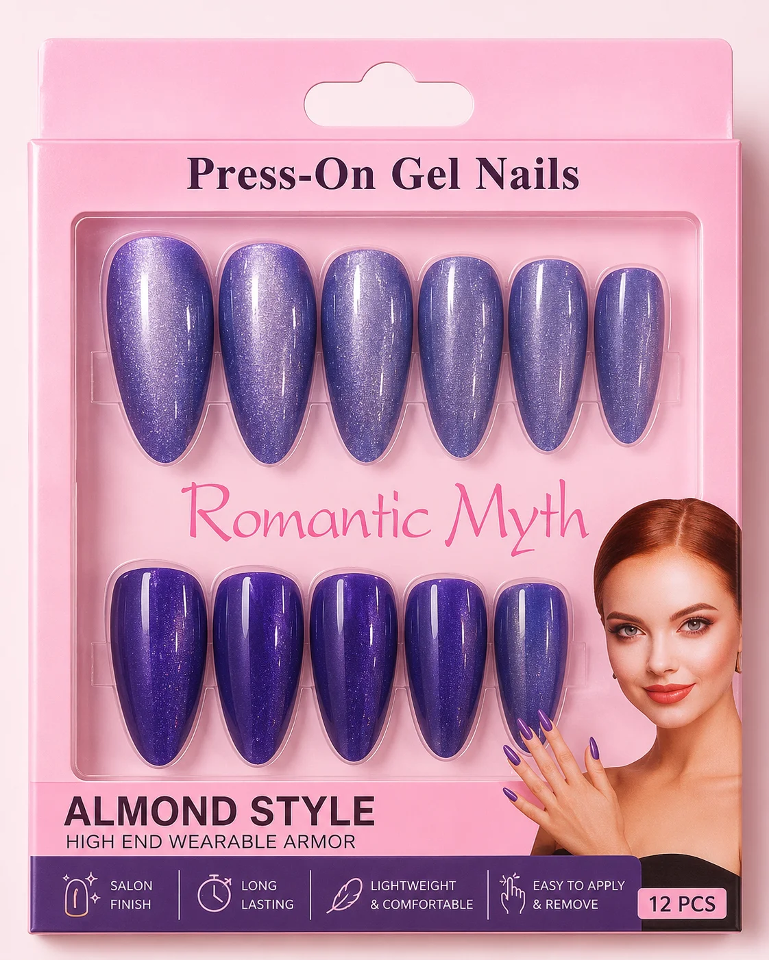 Almond Style Press-On Gel Nails Set – Glossy Reusable Fake Nails