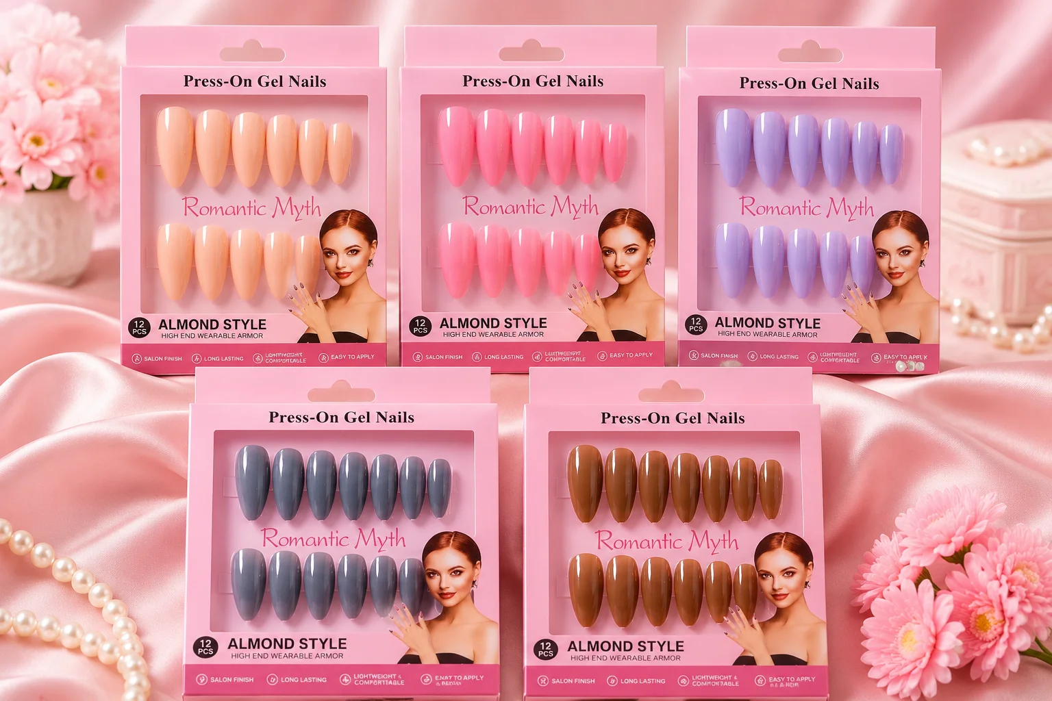Almond Style Press-On Gel Nails Set – Glossy Reusable Fake Nails