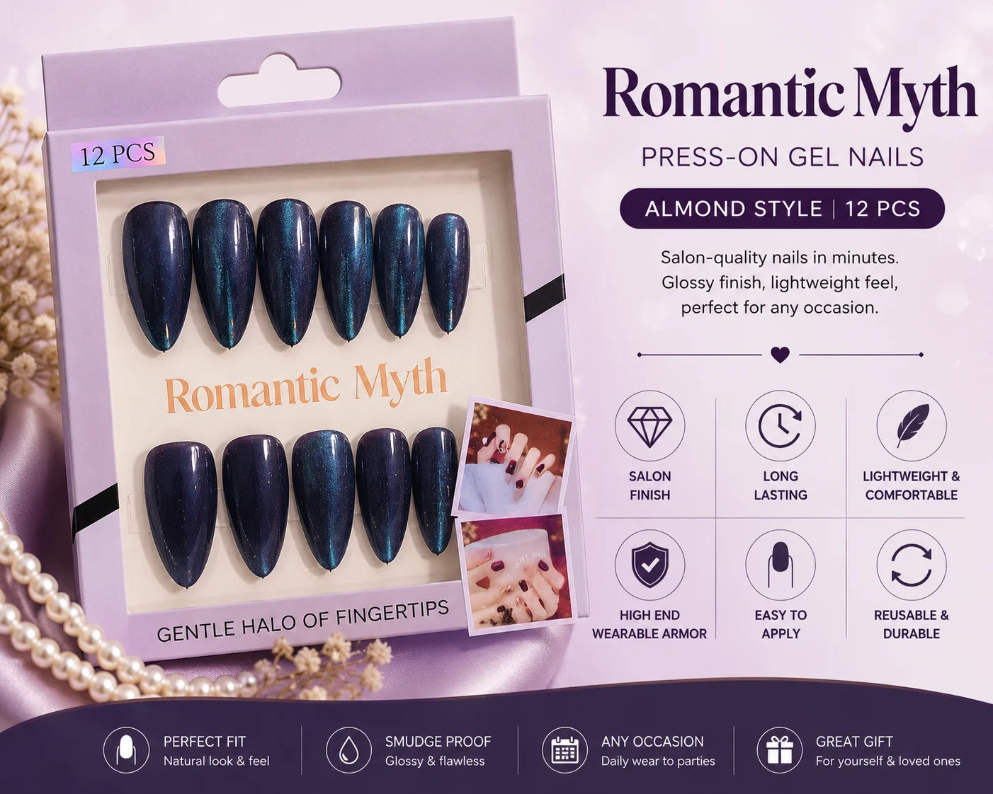 Romantic Myth Cat Eye Press-On Gel Nails – Almond Shape